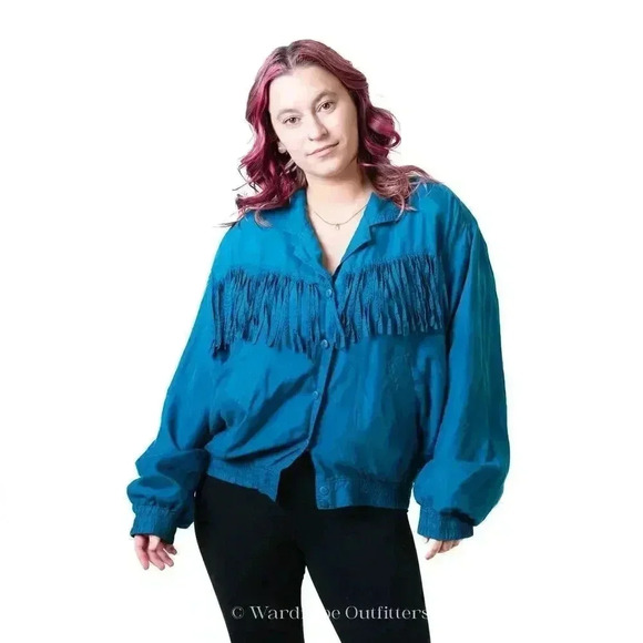 Vintage 80s Western Fringe Tassel Bright Blue Jacket - Picture 2 of 8